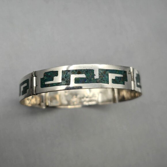 VTG Taxco Castaneda Sterling Silver 925 Turquoise Inlay Panel Bracelet 7" - Picture 1 of 9